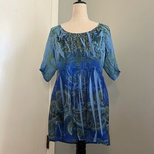 Unity World Wear Blue and Green Patterned Blouse